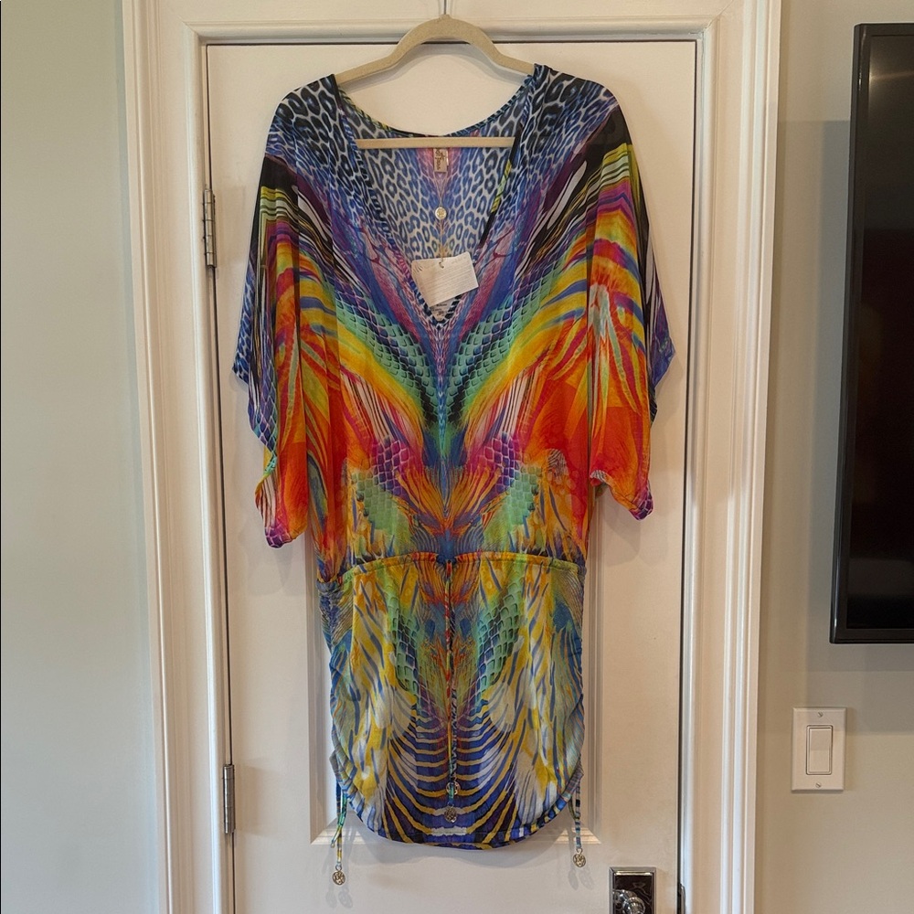 luli Fama Ague De Fuego Cabana Colorful V-Neck Dress - Size Medium